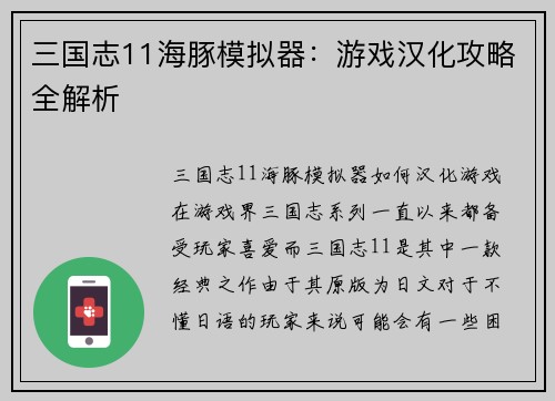 三国志11海豚模拟器：游戏汉化攻略全解析