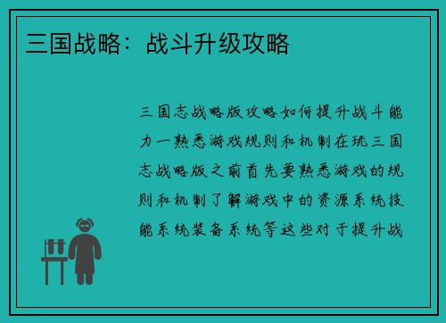 三国战略：战斗升级攻略