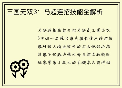 三国无双3：马超连招技能全解析
